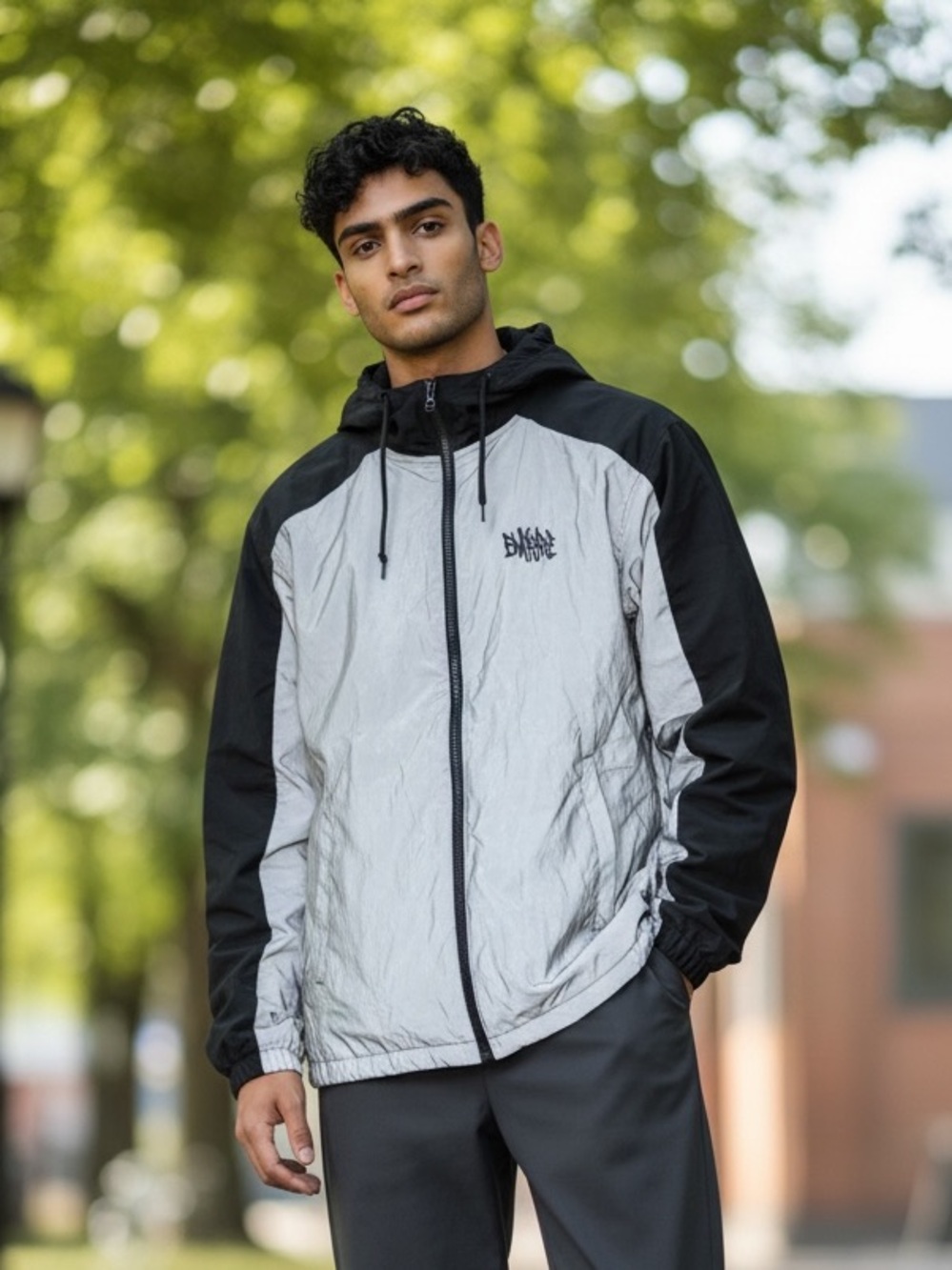 Men's Lightweight Hooded Windbreaker Jacket - Black & Silver iridescent